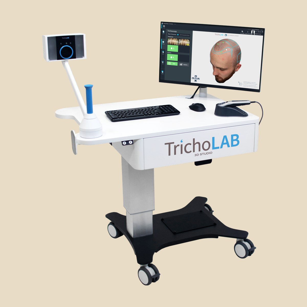 The TrichoLAB 3D Studio workstation — 3D scanner, trichoscopy camera and 3D Transplanner planning software — used at 3D Hair Transplant for objective scalp and graft assessment